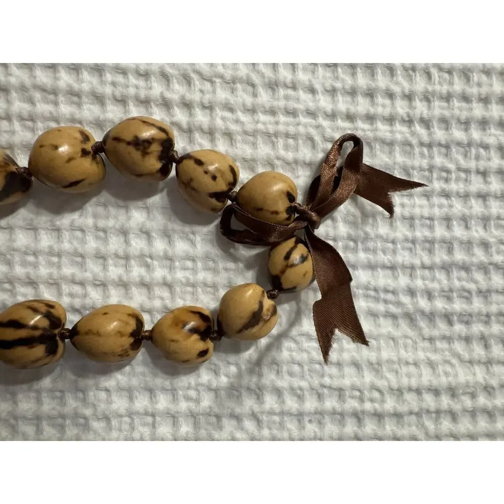 Brown Beige Beaded Long Necklace Bow Tie Tribal Boho Bohemian